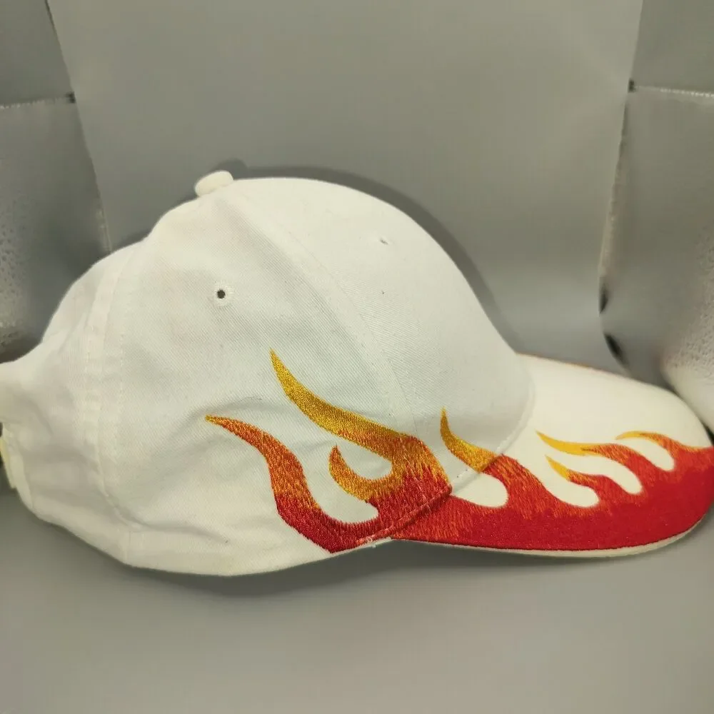 NISSUN White Flames Embroidered Baseball Cap Hat Adjustable Hot Rod Racing Theme